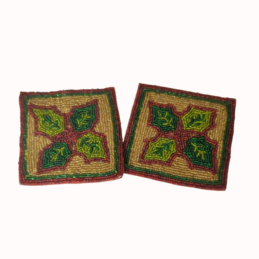 Vintage Handcrafted Christmas Beaded Coasters With Holly Leaf Design - Set Of 2